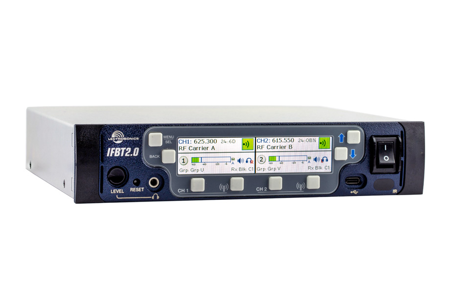 A Lectrosonics IFBT2.0 base station in use on a production