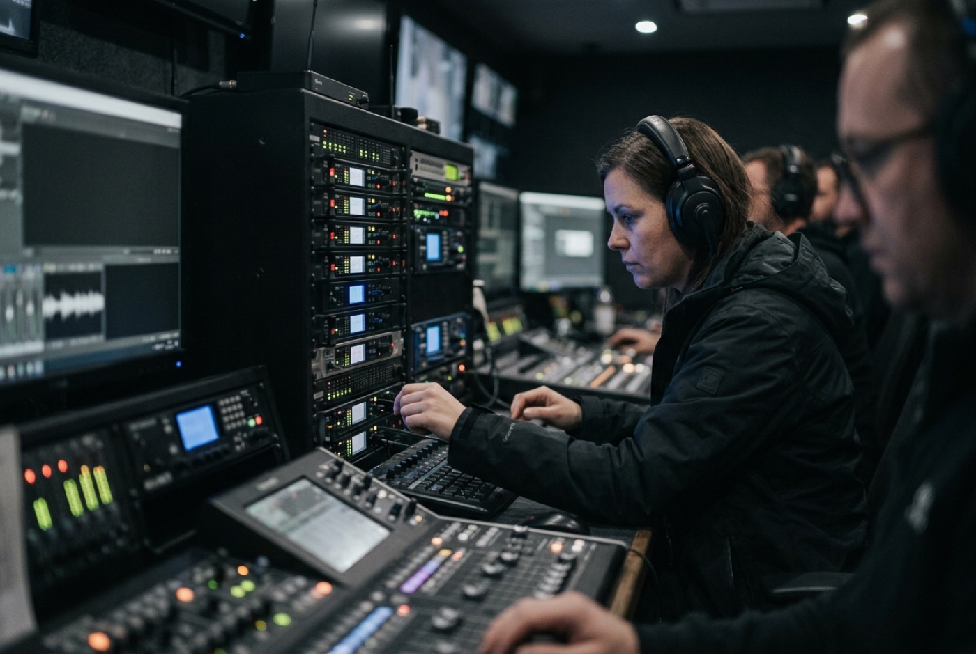 A sound supervisor monitoring wireless channels at a rack of receivers in a broadcast truck