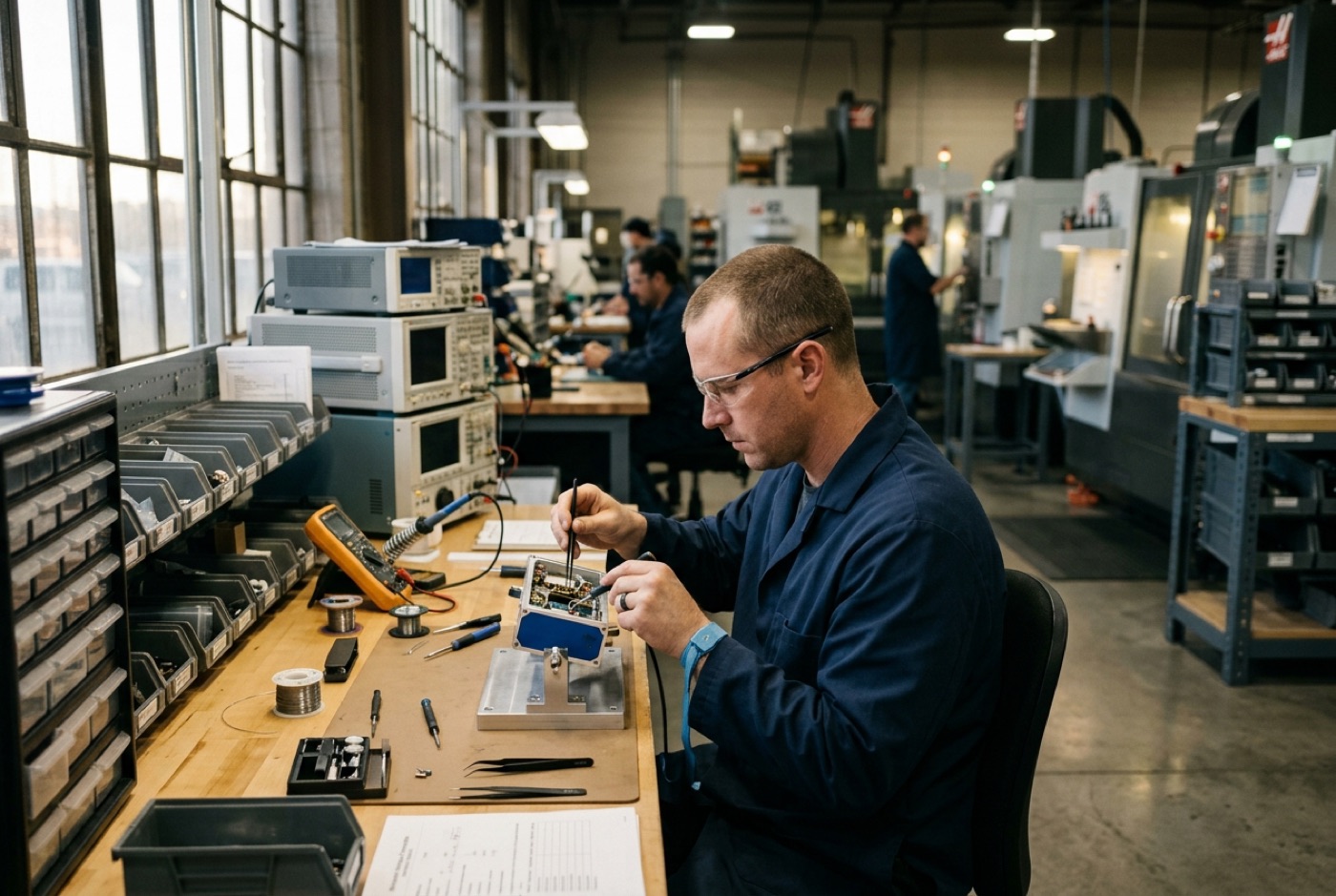 A technician assembling a wireless transmitter at a workbench on the Rio Rancho manufacturing floor, CNC machines behind