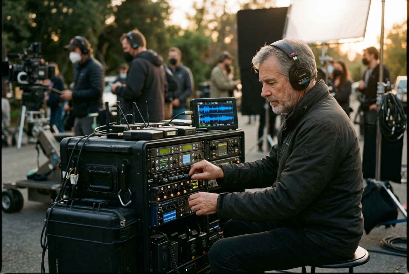 A production sound mixer at his cart at golden hour, headphones on, film crew behind