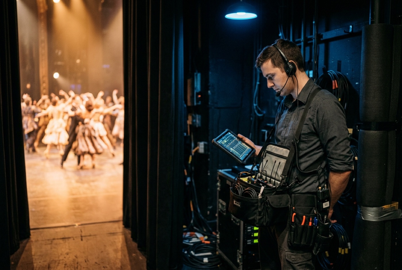 A sound technician in the wings of a theatre with a bag rig, the lit stage beyond the curtain
