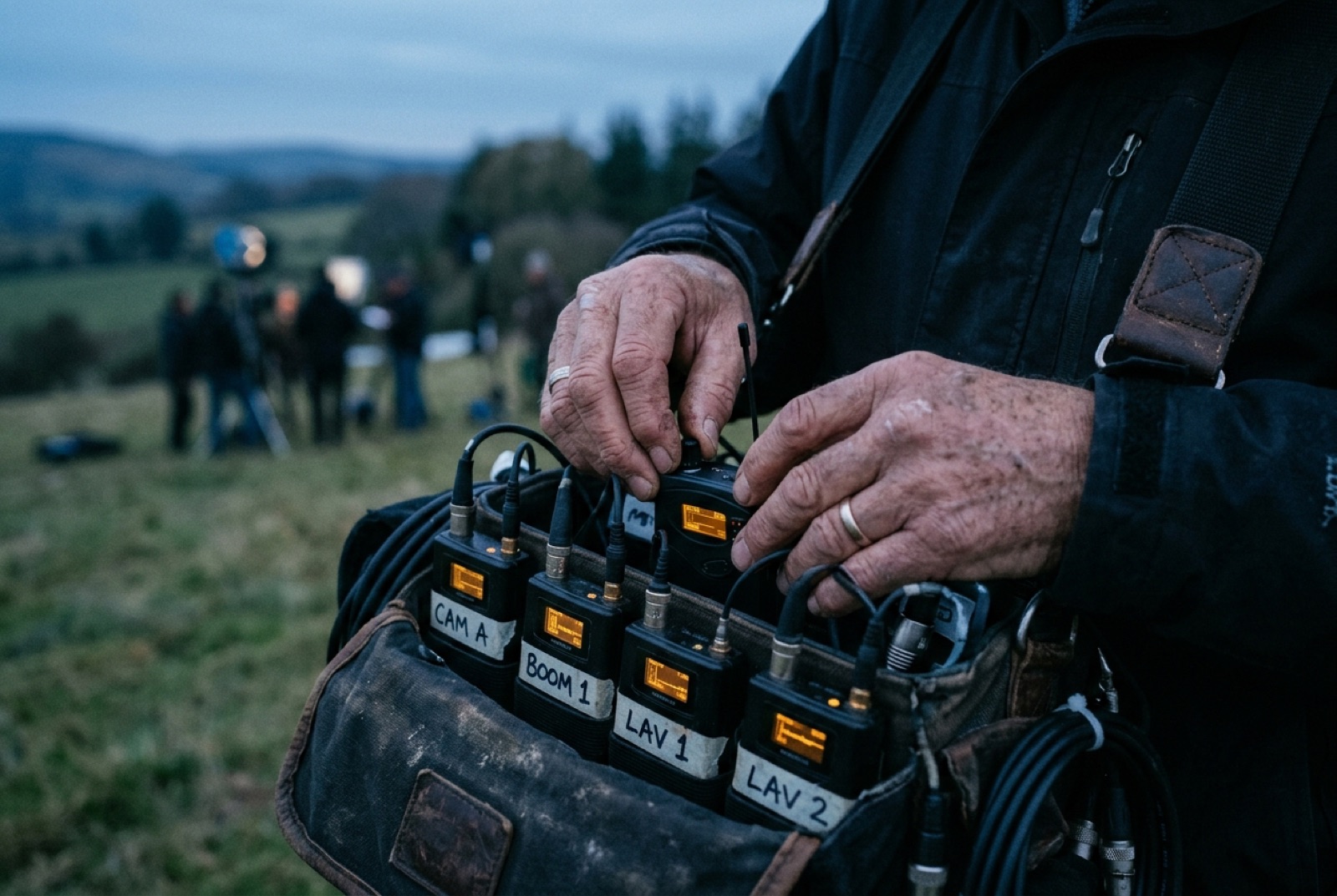 A production sound mixer's hands on a bag of labeled wireless transmitters at dawn, crew in the field behind