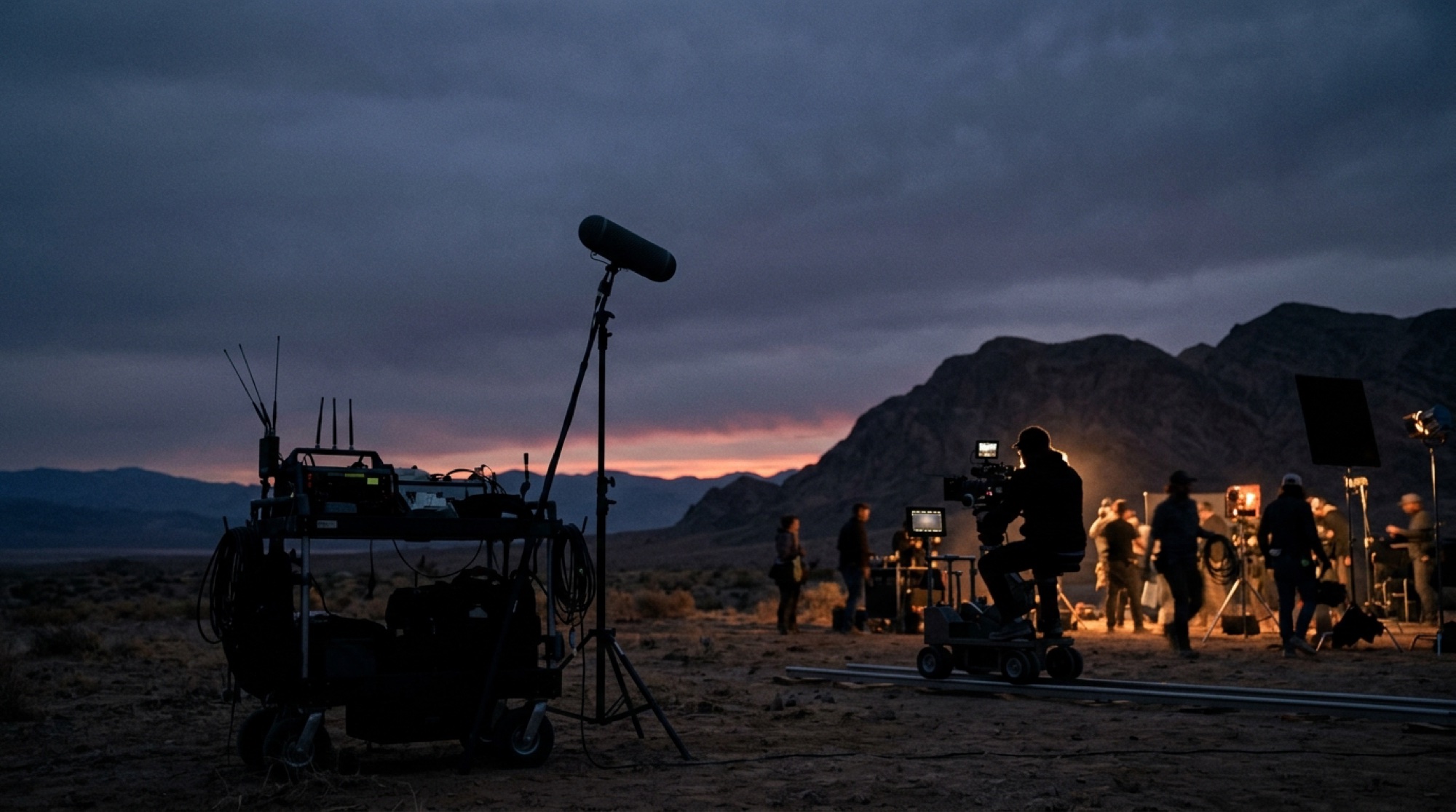 A film set at dusk in the New Mexico desert, a production sound cart and boom in silhouette against the mountains