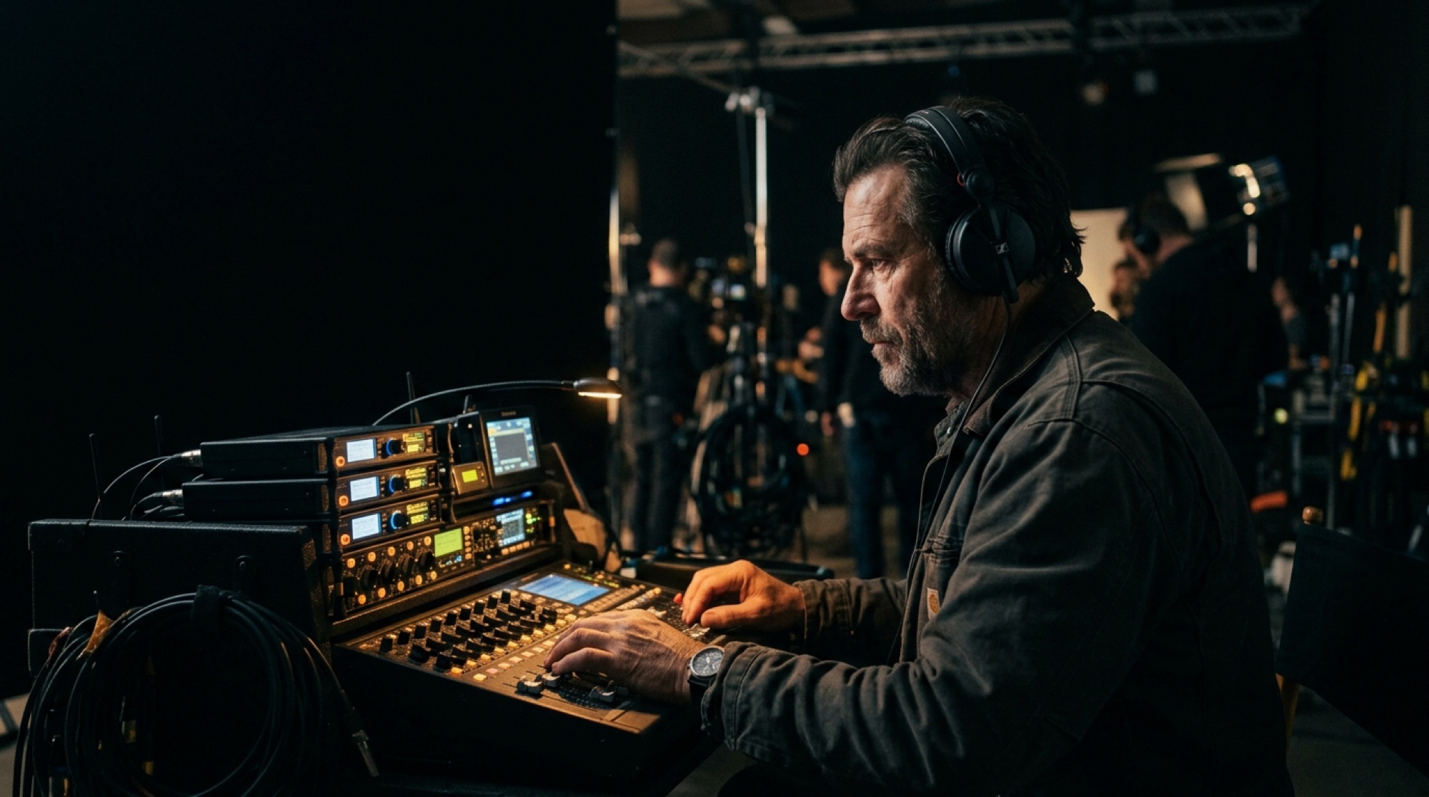 A production sound mixer at his cart, lit by the glow of his wireless receivers