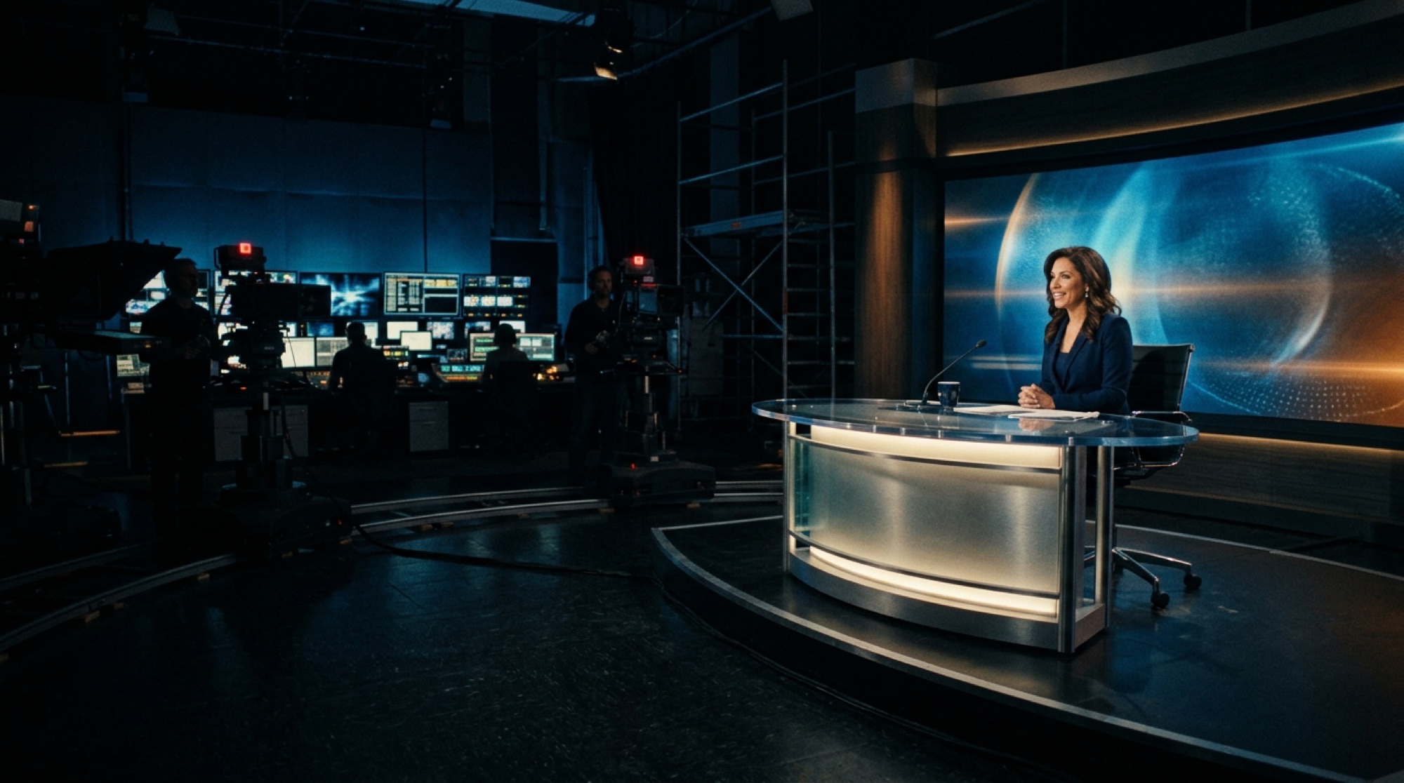 A television production set lit for camera, the kind of run-and-gun shoot a sound mixer covers on wireless