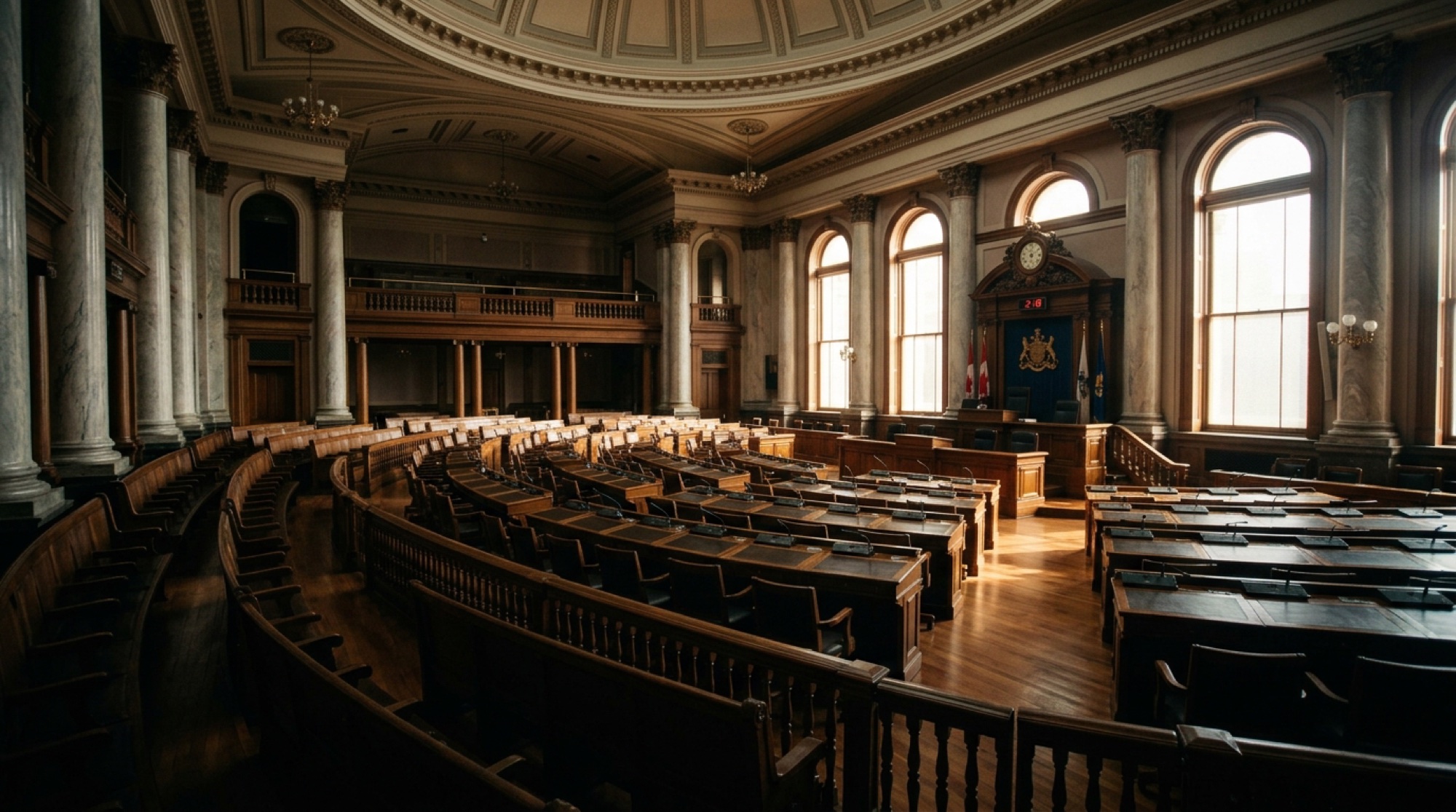 A grand legislative chamber with a microphone at every desk