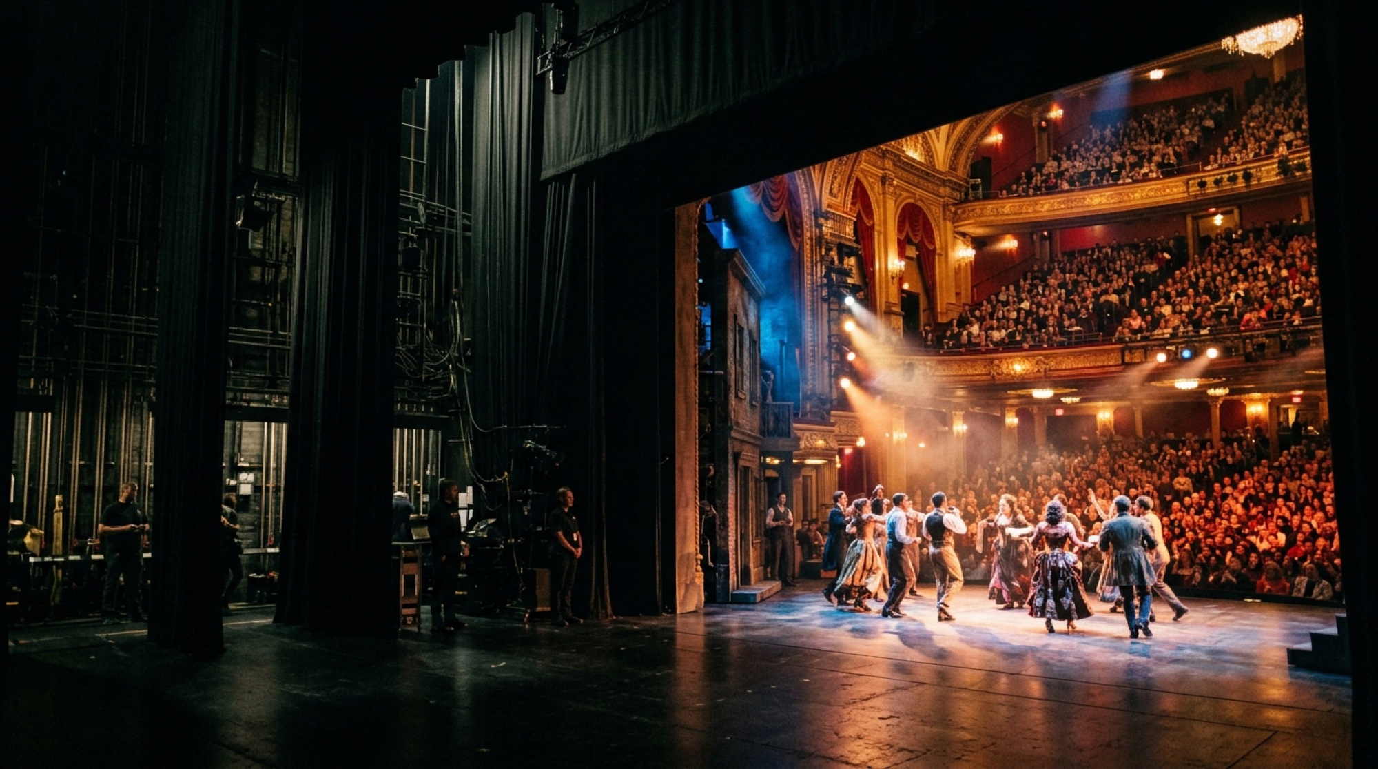 A Broadway theatre during a live performance, seen from the wings