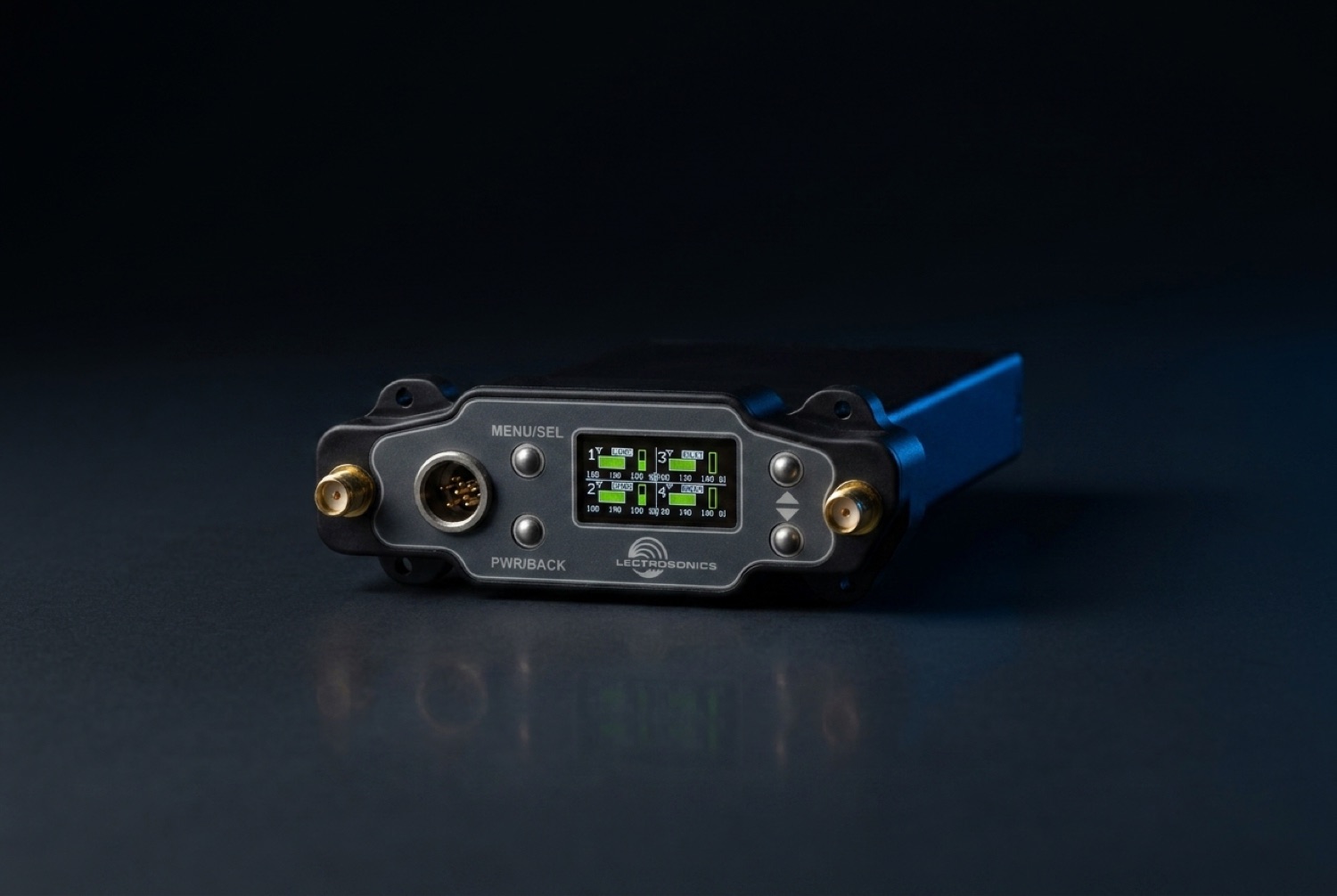 Lectrosonics DSR4 four-channel digital slot receiver, dark cinematic studio lighting