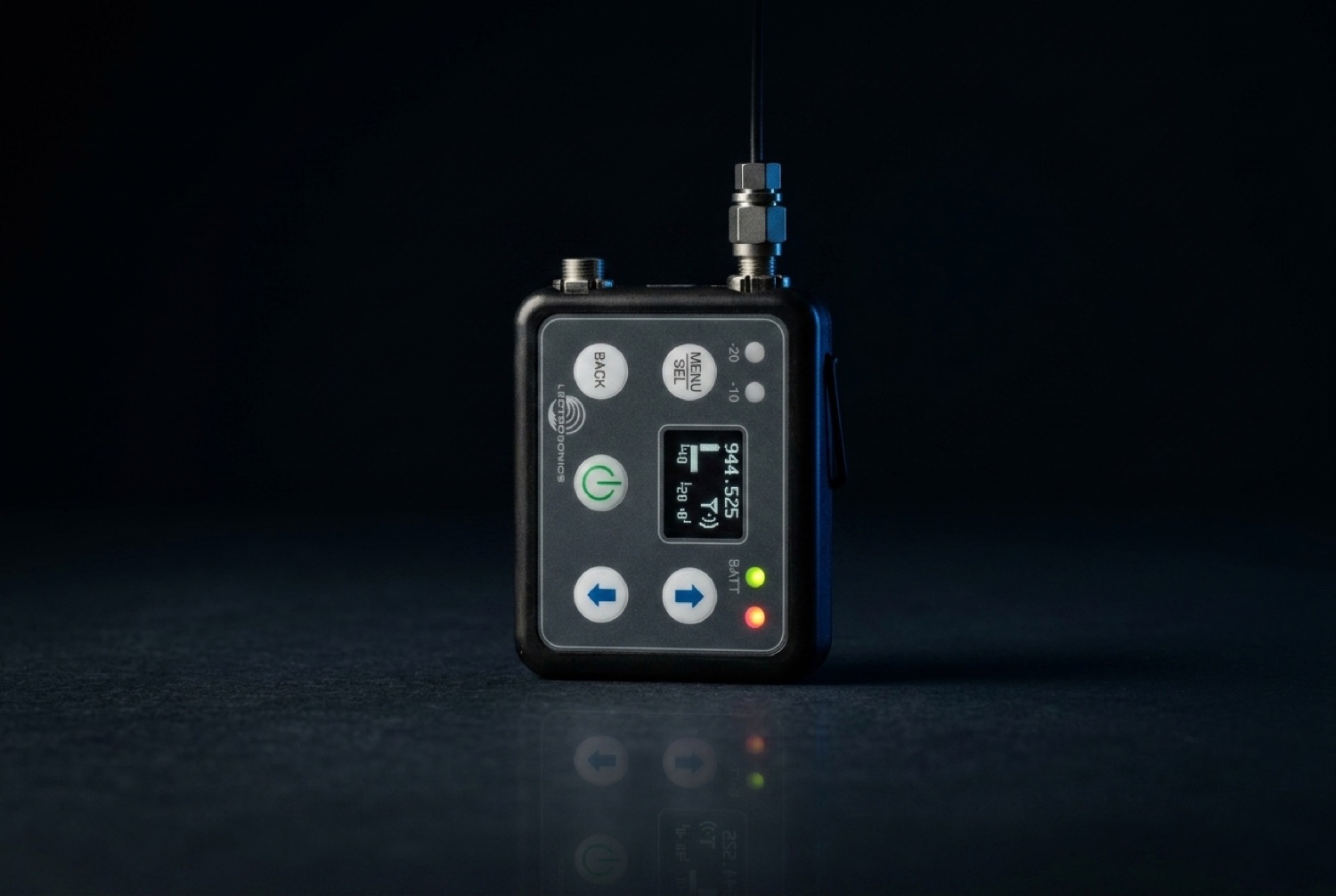 Lectrosonics DSSM digital wireless micro transmitter, dark cinematic studio lighting