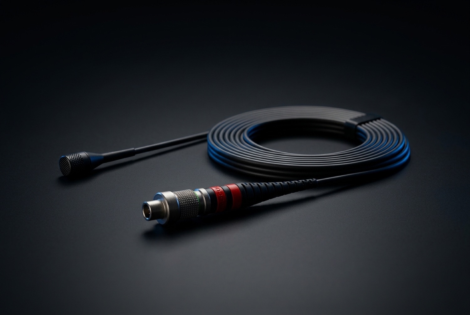 Lectrosonics L1 sub-miniature lavalier microphone, dark cinematic studio lighting