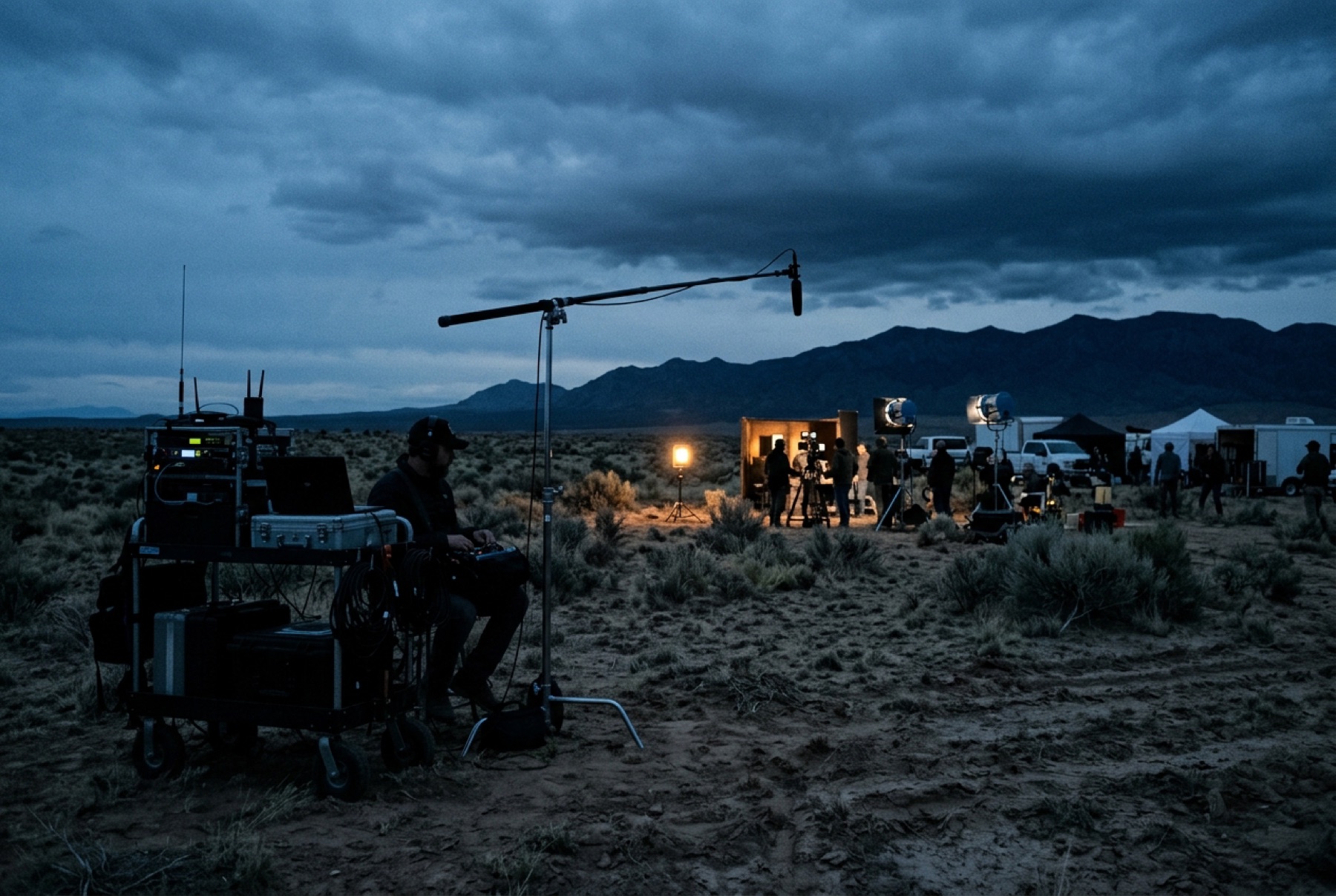 A film set at blue hour in the New Mexico desert, a production sound cart and boom in silhouette against the mountains